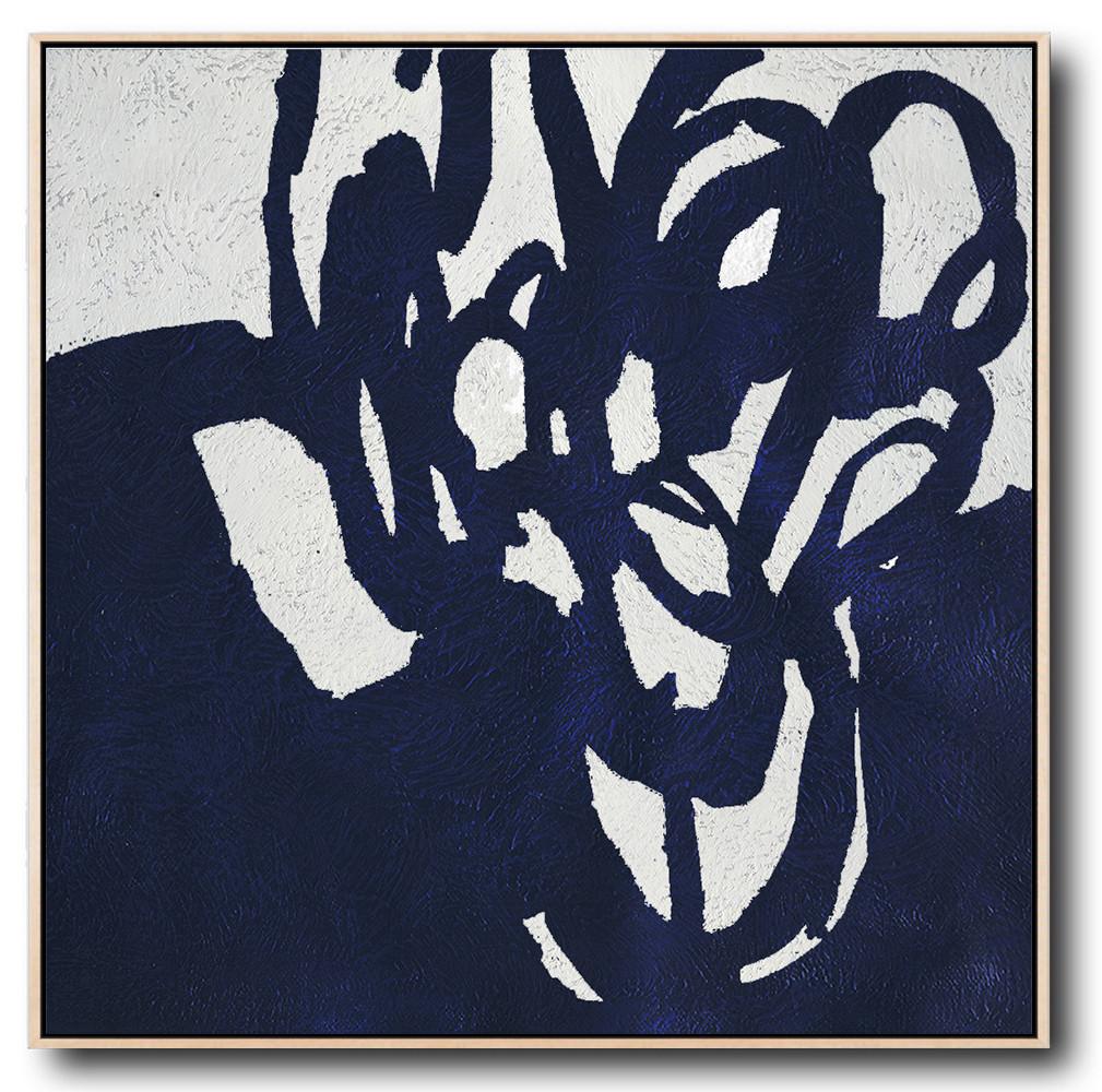 Hand-Painted Oversized Minimalist Navy Blue And White Painting - Abstract The Artist Huge